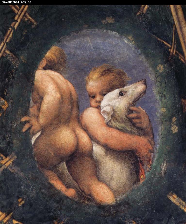 Correggio Detail of an oval with a putto embracing a dog